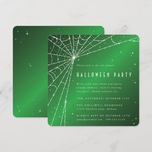 Square Green Sparkling Spider Web Halloween Party Invitation (Front/Back)