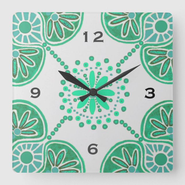 Square Green Tile Pattern Wall clock (Front)