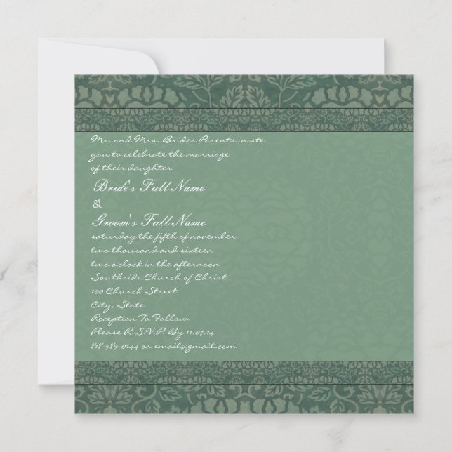 Square Green Vintage Damask Wedding Invitation (Front)