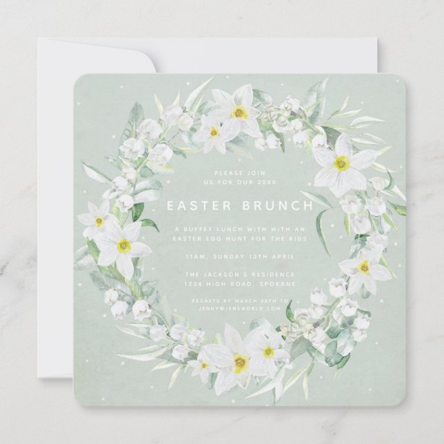 Square Green + White Floral Wreath Easter Brunch Invitation (Front)