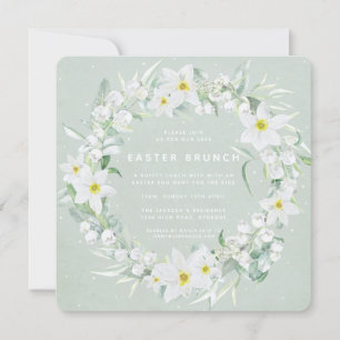 Square Green + White Floral Wreath Easter Brunch Invitation