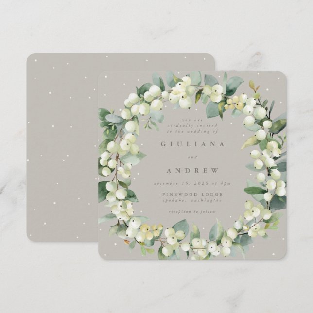 Square Greige Snowberry+Eucalyptus Wreath Wedding Invitation (Front/Back)