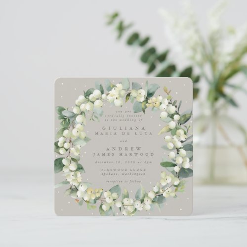 Square Greige SnowberryEucalyptus Wreath Wedding Invitation
