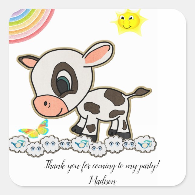 Square Happy Birthday Stickers Cow (Front)