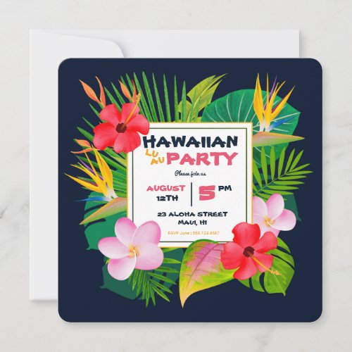 Square Hawaiian Luau Party Dark Blue Floral Invite