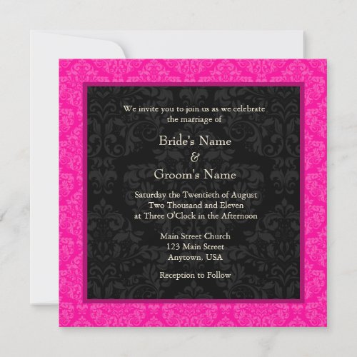 Square Hot Pink Damask Monogram Wedding Invitation