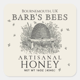 Square Ivory Honey Label Vintage Skep with Bees