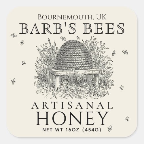 Square Ivory Honey Label Vintage Skep with Bees