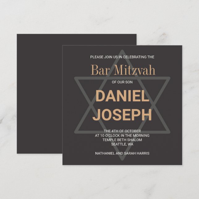 Square jewish star Bar Mitzvah - black golden Invitation (Front/Back)