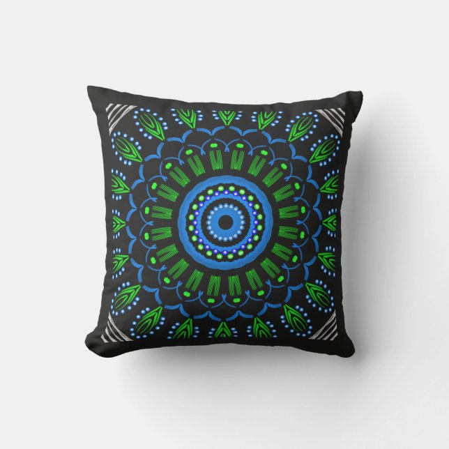 Square Jimette blue, green and black design cushio Throw Pillow (Front)