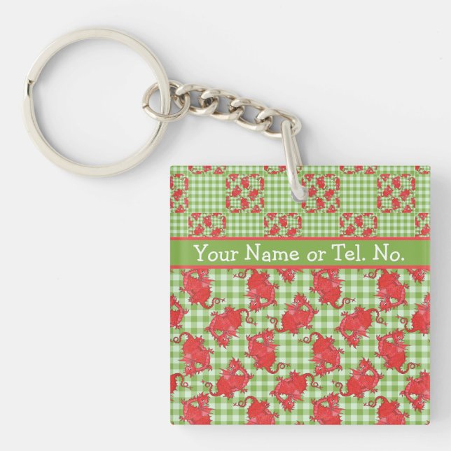 Square Keyring to Personalize: Cute Red Dragons (Front)