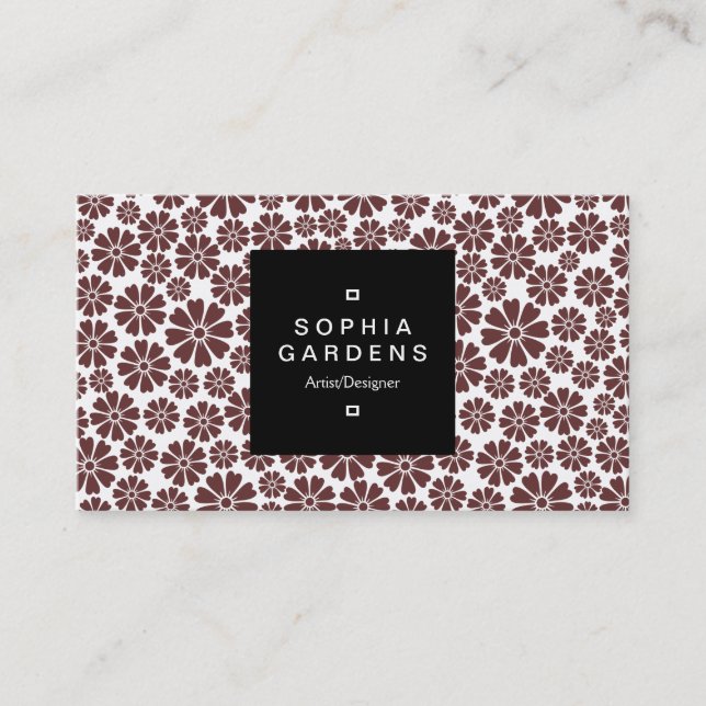 Square Label 01a - 8 Petals - Dk Brown on White Business Card (Front)