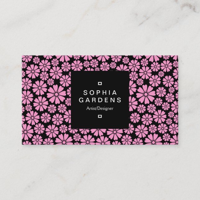 Square Label 01a - 8 Petals - Pink on Black Business Card (Front)