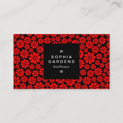Square Label 01a _ 8 Petals _ Red on Black Business Card
