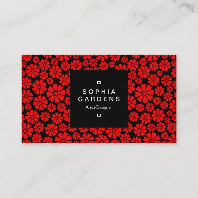Square Label 01a - 8 Petals - Red on Black Business Card (Front)