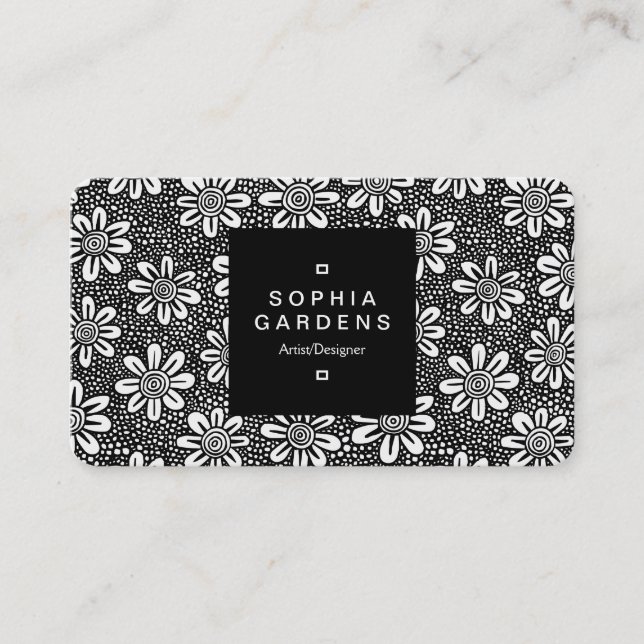 Square Label 01a - Flower Pattern 140617 - Black Business Card (Front)