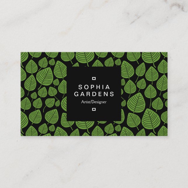 Square Label 01a - Leaf pattern 02 - Avocado Business Card (Front)