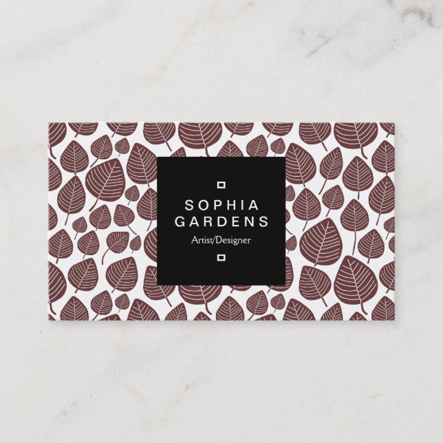 Square Label 01a - Leaf pattern 02 - Dk Brown Business Card (Front)