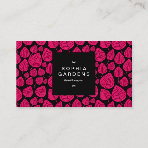 Square Label 01a _ Leaf pattern 02 _ Neon Red Business Card