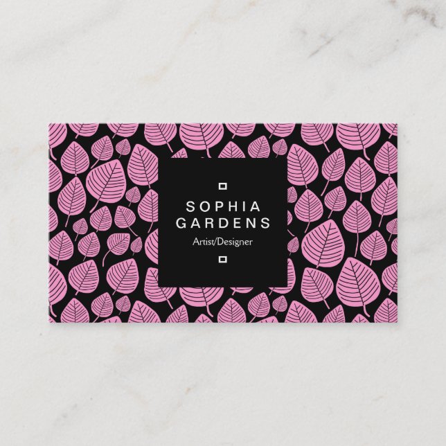 Square Label 01a - Leaf pattern 02 - Pink Business Card (Front)