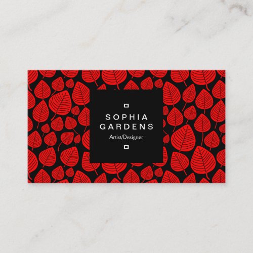 Square Label 01a _ Leaf pattern 02 _ Red Business Card