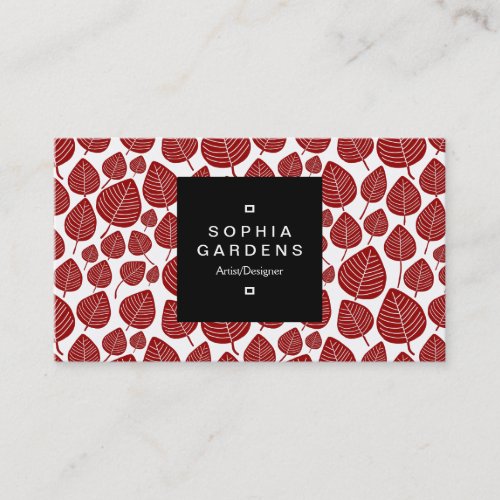 Square Label 01a _ Leaf pattern 02 _ Ruby Red Business Card