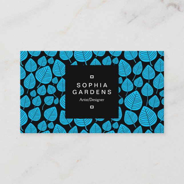 Square Label 01a - Leaf pattern 02 - Sky Blue Business Card (Front)