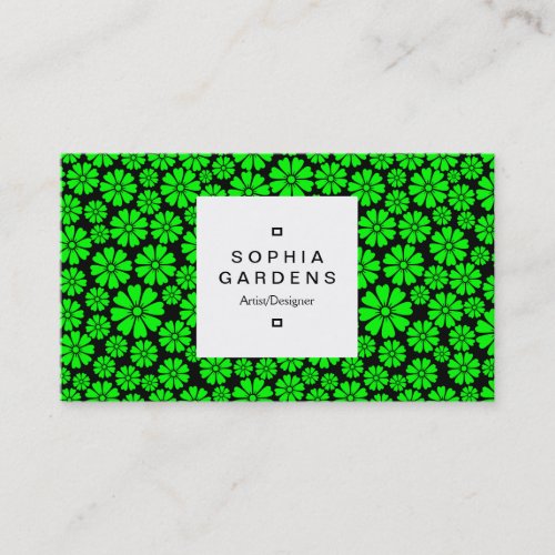 Square Label 03a _ 8 Petals _ Green on Black Business Card