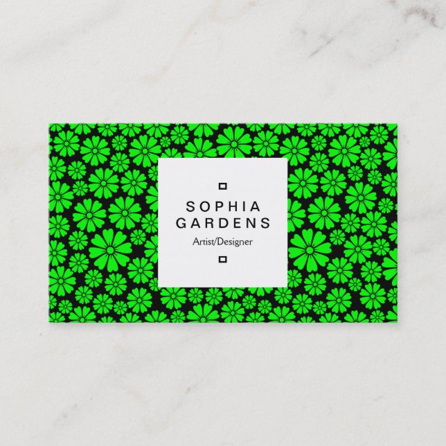Square Label 03a - 8 Petals - Green on Black Business Card (Front)