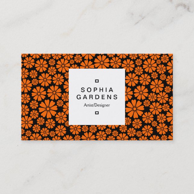 Square Label 03a - 8 Petals - Orange on Black Business Card (Front)