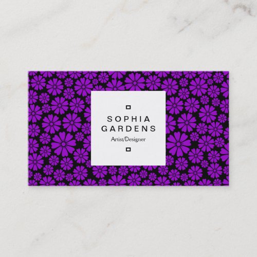 Square Label 03a _ 8 Petals _ Purple on Black Business Card