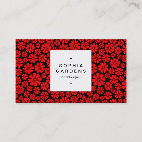 Square Label 03a _ 8 Petals _ Red on Black Business Card