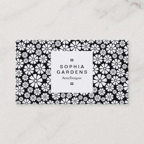 Square Label 03a _ 8 Petals _ White on Black Business Card