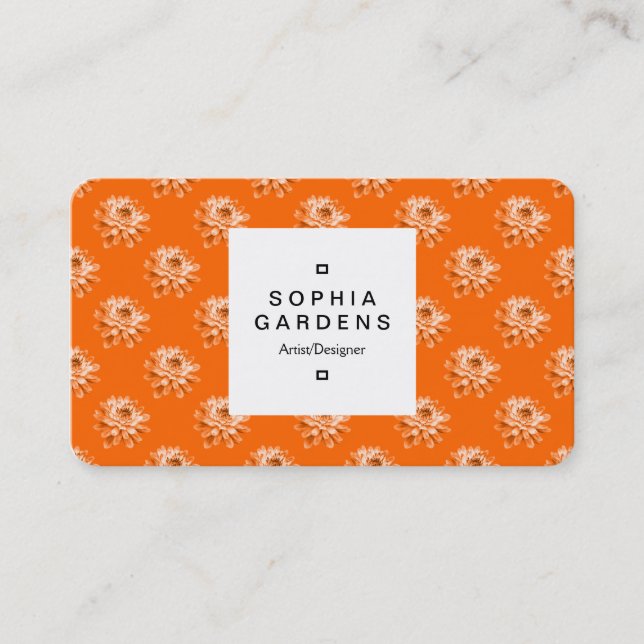 Square Label 03a - Chrysanthemum Pattern Orange Business Card (Front)