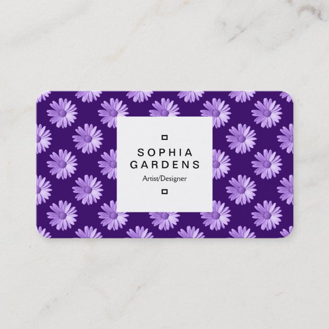 Square Label 03a - Daisy Pattern - Purple Business Card (Front)