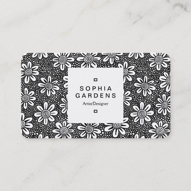 Square Label 03a - Flower Pattern 140617 - Black Business Card (Front)