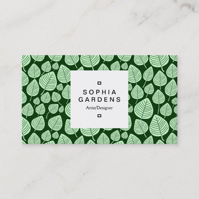 Square Label 03a - Leaf pattern 02 - Green Shades Business Card (Front)