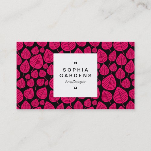 Square Label 03a _ Leaf pattern 02 _ Neon Red Business Card