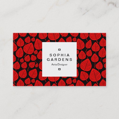Square Label 03a _ Leaf pattern 02 _ Red Business Card