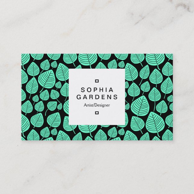 Square Label 03a - Leaf pattern 02 - Turquoise Business Card (Front)