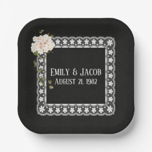 Square Lace On Black Leather Paper Plates