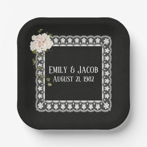 Square Lace On Black Leather Paper Plates