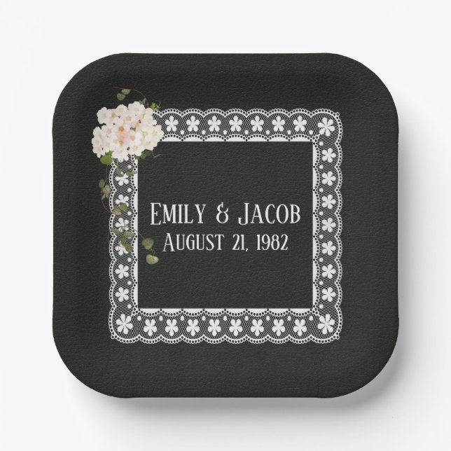 Square Lace On Black Leather Paper Plates (Front)