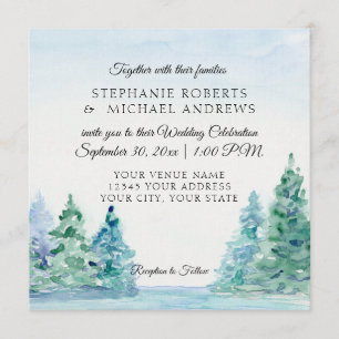 Square Lakeside Mountain Pine Tree Outdoor Wedding Invitation