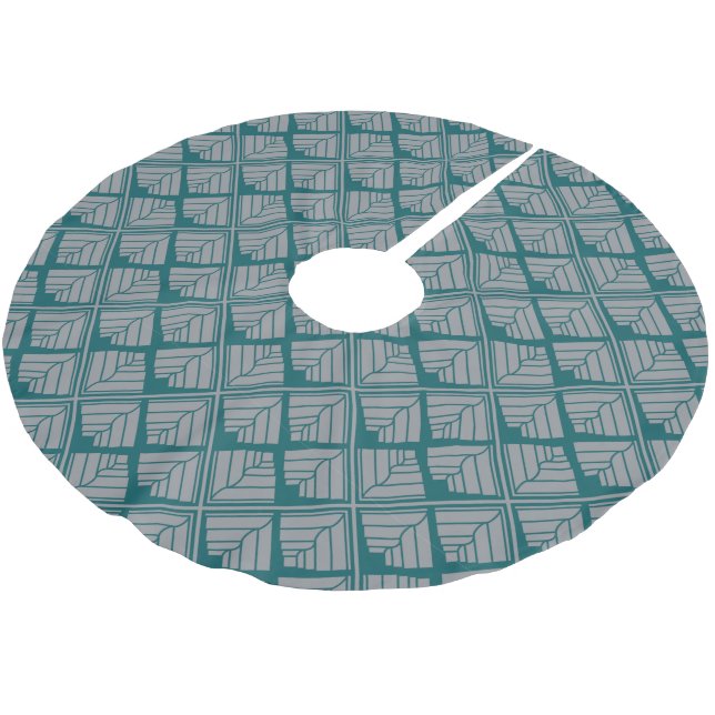 Square Leaf Pattern Teal Neutral Brushed Polyester Tree Skirt (Angled)