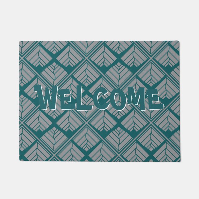 Square Leaf Pattern Teal Neutral Doormat (Front)