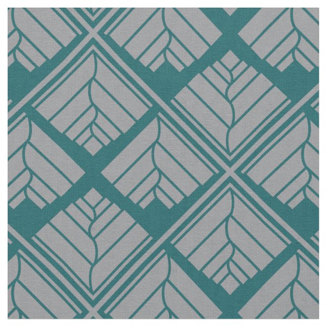 Square Leaf Pattern Teal Neutral Fabric (Close Up)