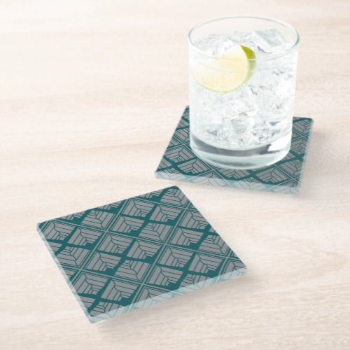 Square Leaf Pattern Teal Neutral Glass Coaster
