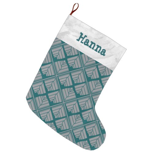 Square Leaf Pattern Teal Neutral Large Christmas Stocking