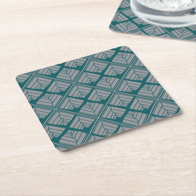 Square Leaf Pattern Teal Neutral Paper Coaster (Angled)